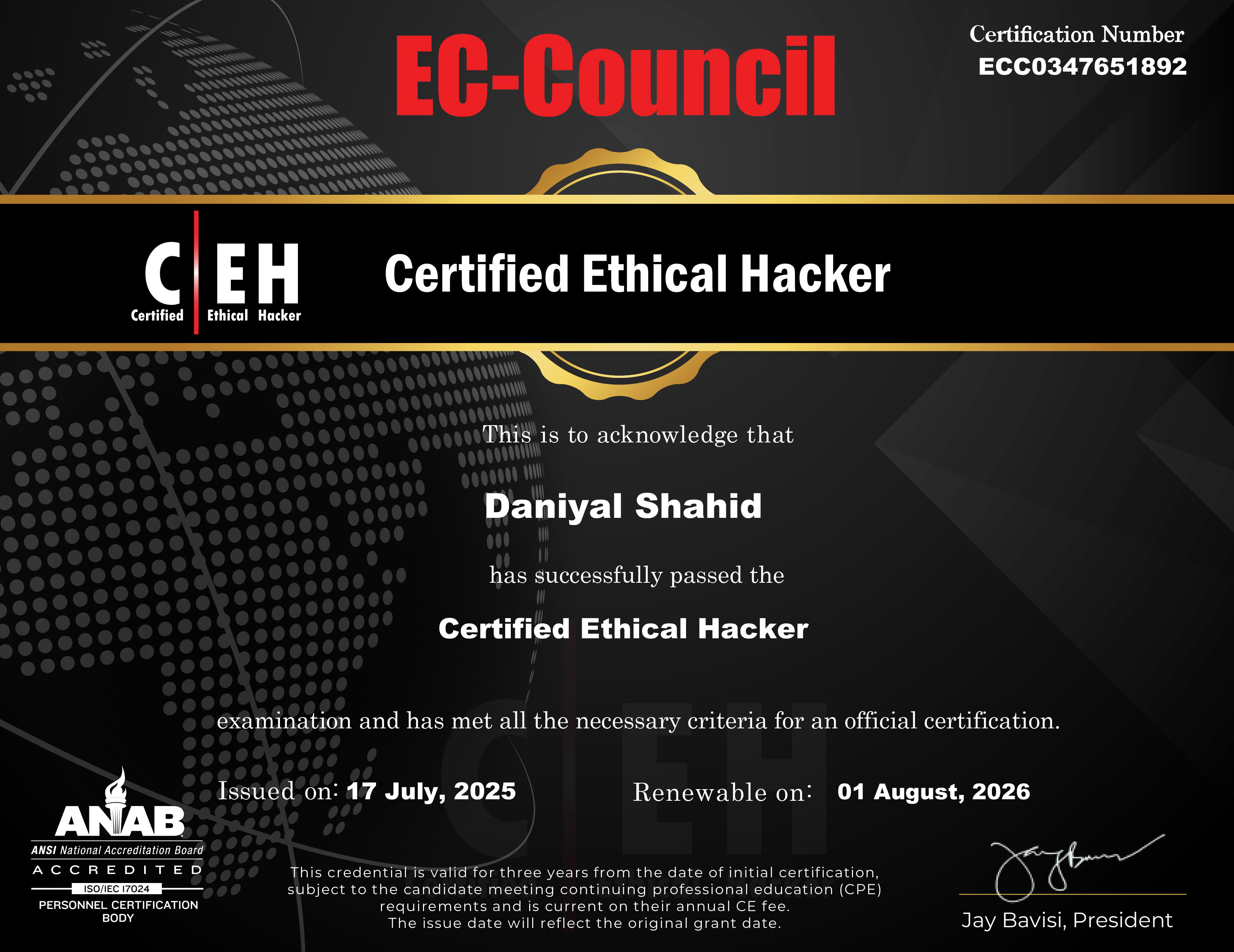 Daniyal Shahid CEH v13 Certificate